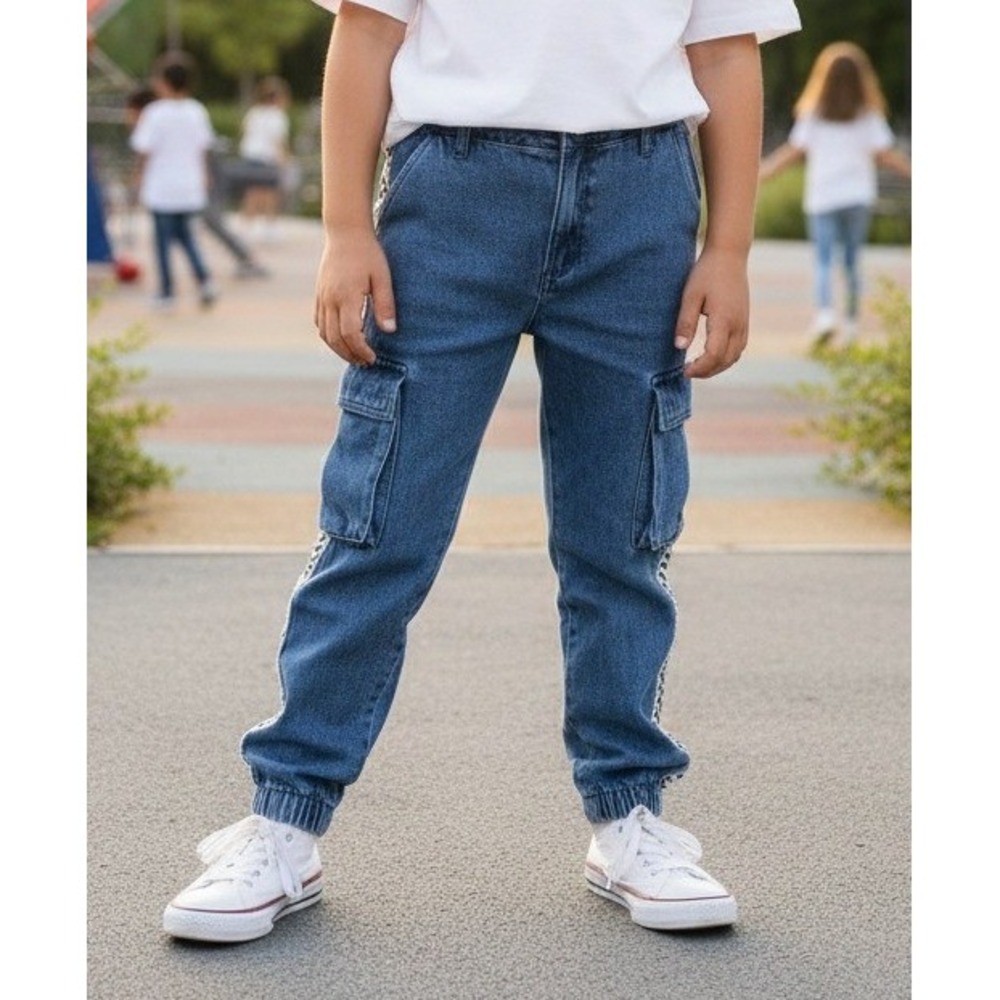 Forever21 Kids Denim Cargo Jogger Pants Checkered Trim Streetwear Cottn Sz 13/14